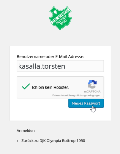 Passwort vergessen: neues Passwort anfordern, ausgefüllt