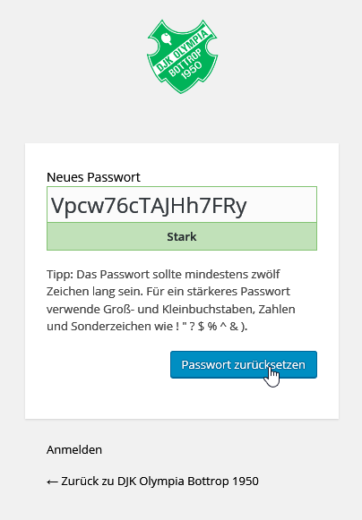 Passwort vergessen: neues Passwort generiert