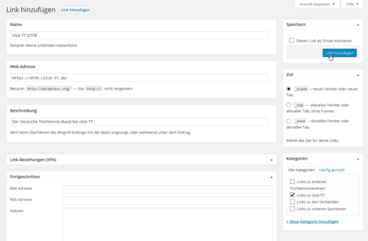 Linkmanager: NeuerLink Formular